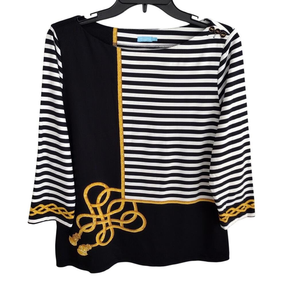 J. McLaughlin Black Striped Gold Rope & Tassel Printed Boatneck Top Women Large